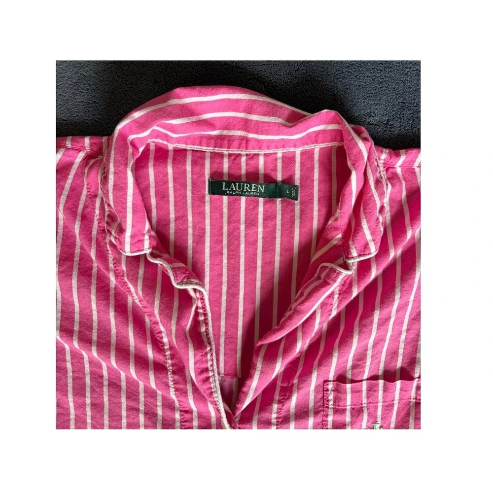 Lauren Ralph Lauren Pink White Striped Pajama Set L Button Down Crop Pants